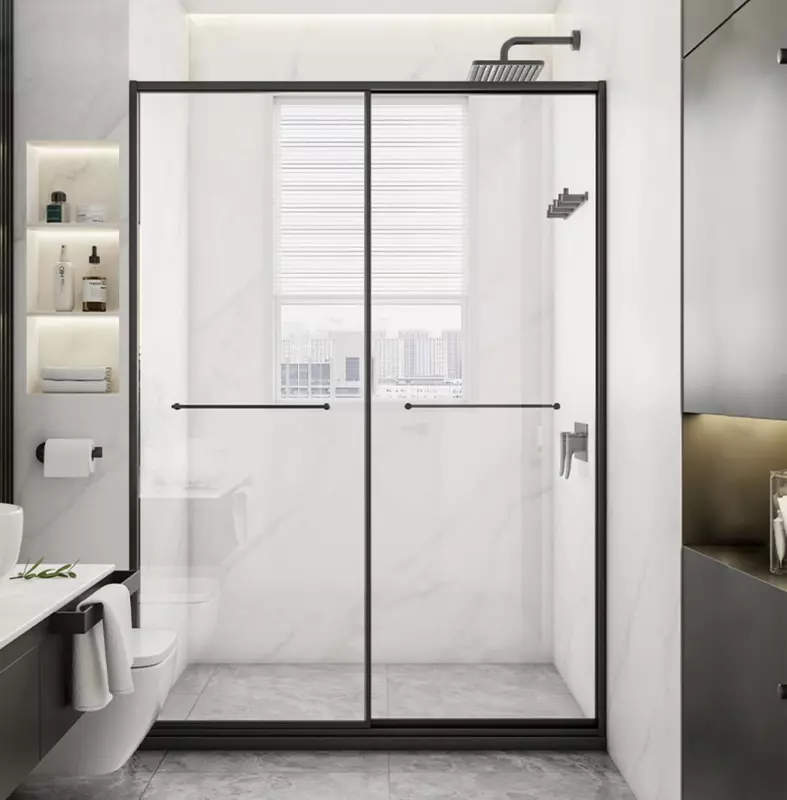 Shower door with clear glass and sleek design in a modern bathroom setting.